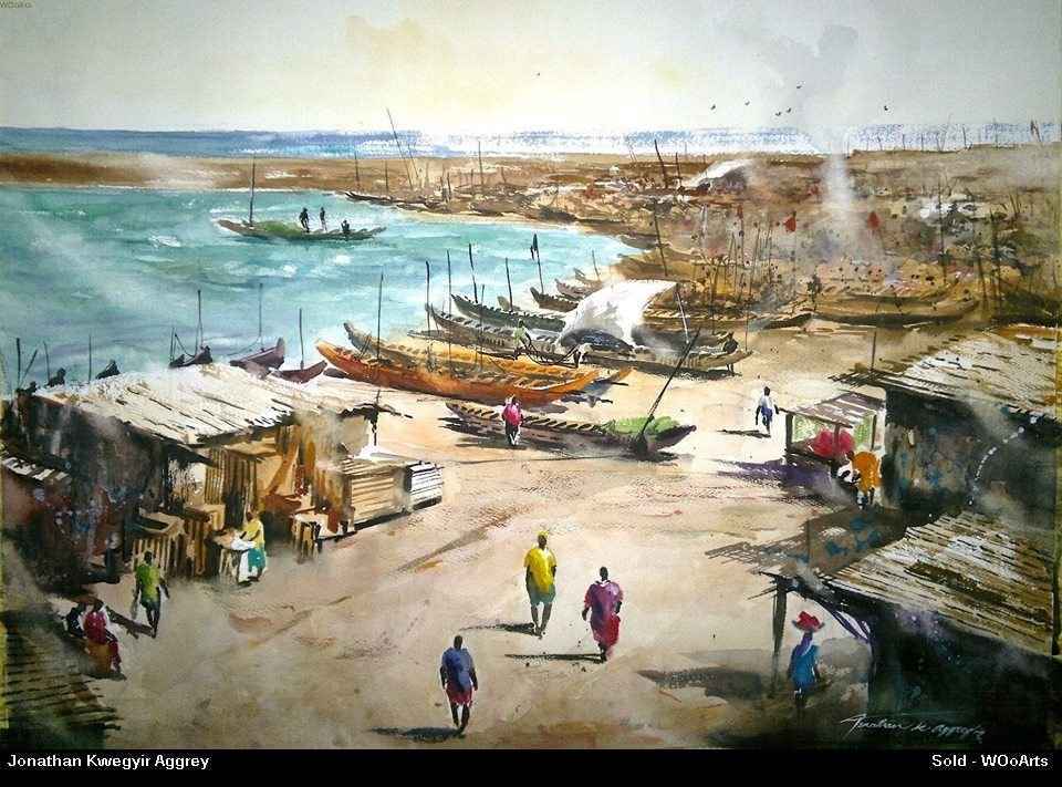 Fishing Town Accra 22 x 30 inches Watercolor