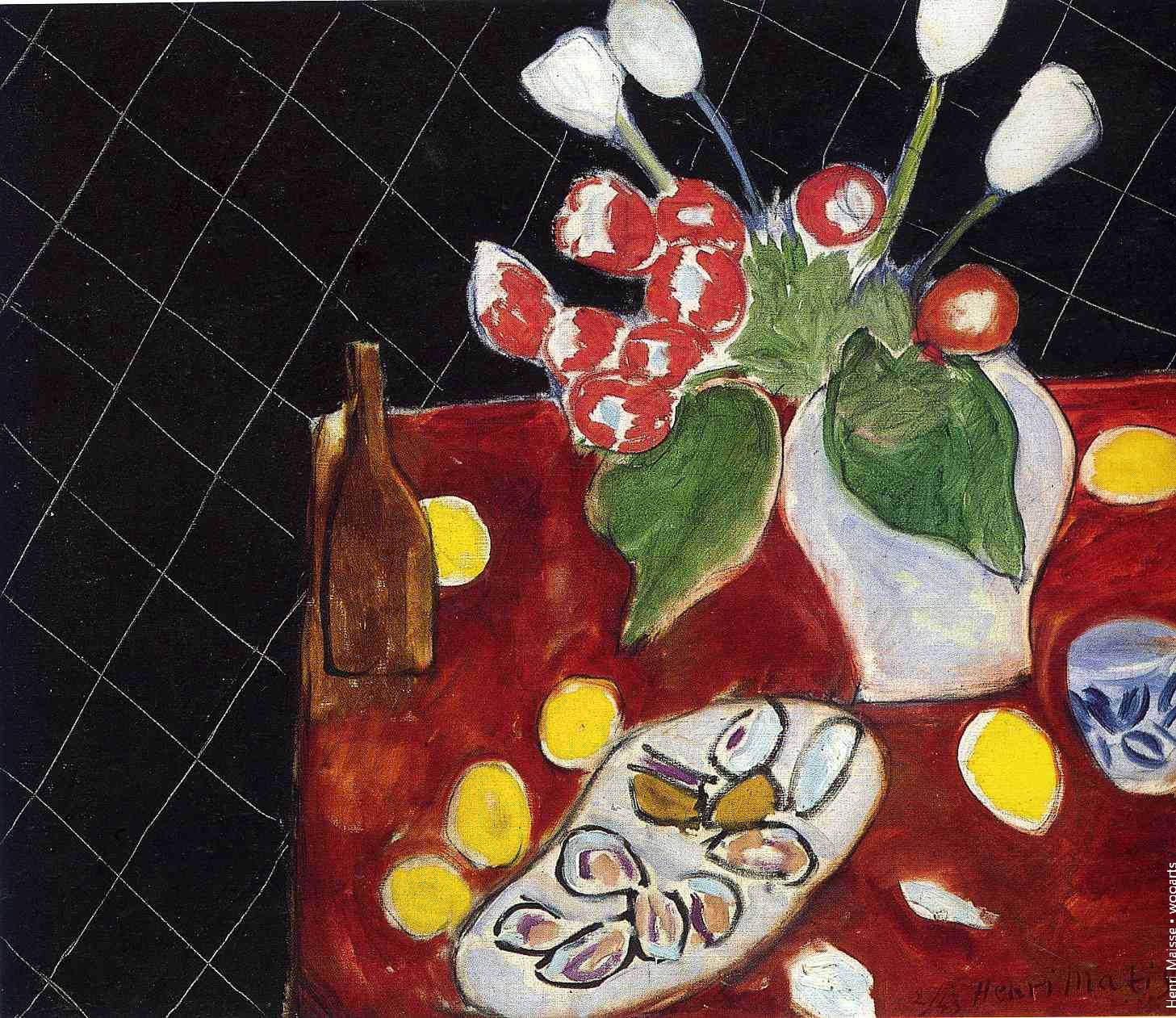 Henri Matisse Floral Painting Tulips and Oysters on Black Background