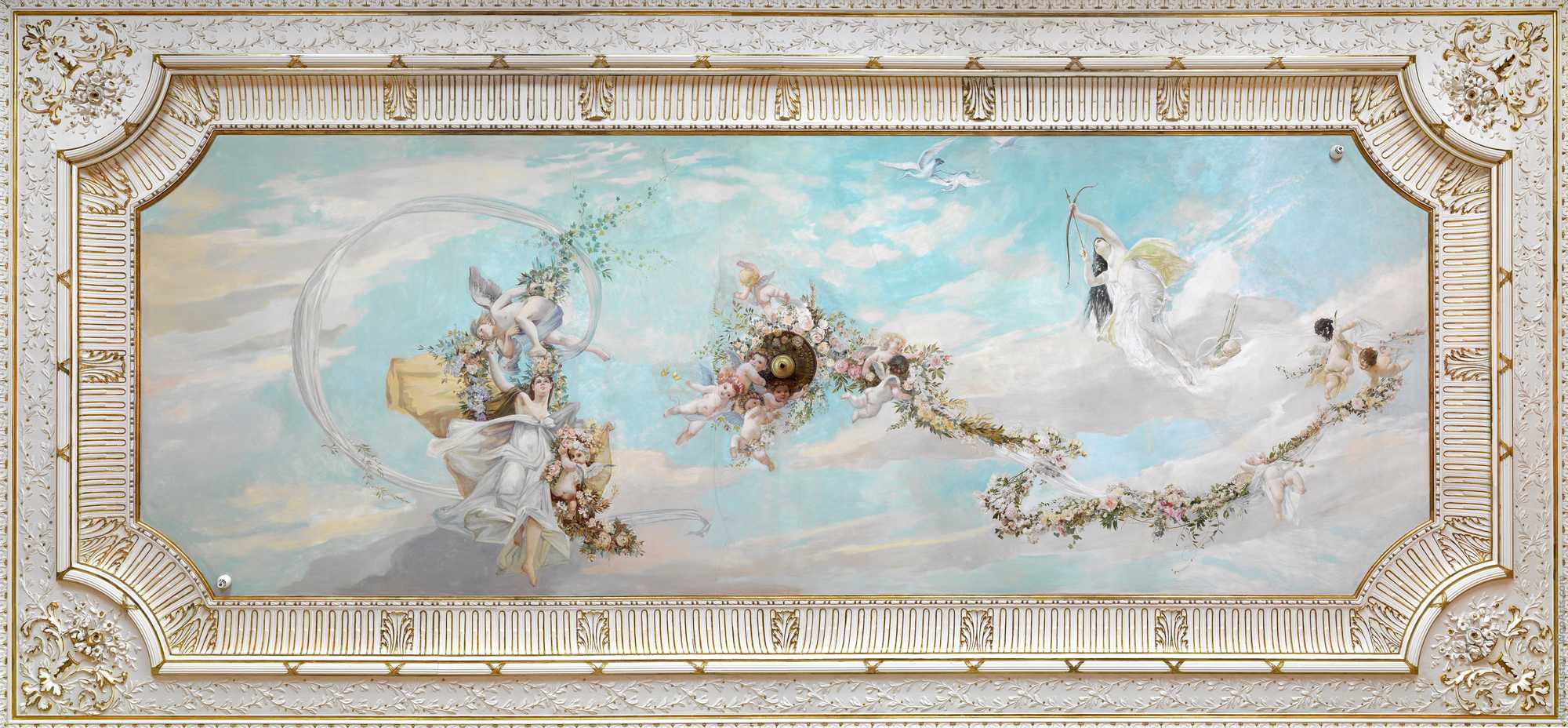 The ceiling painting Spring in the salon of the empress, Hermesvilla Gustav Klimt, Franz von Matsch, Ernst Klimt 1885